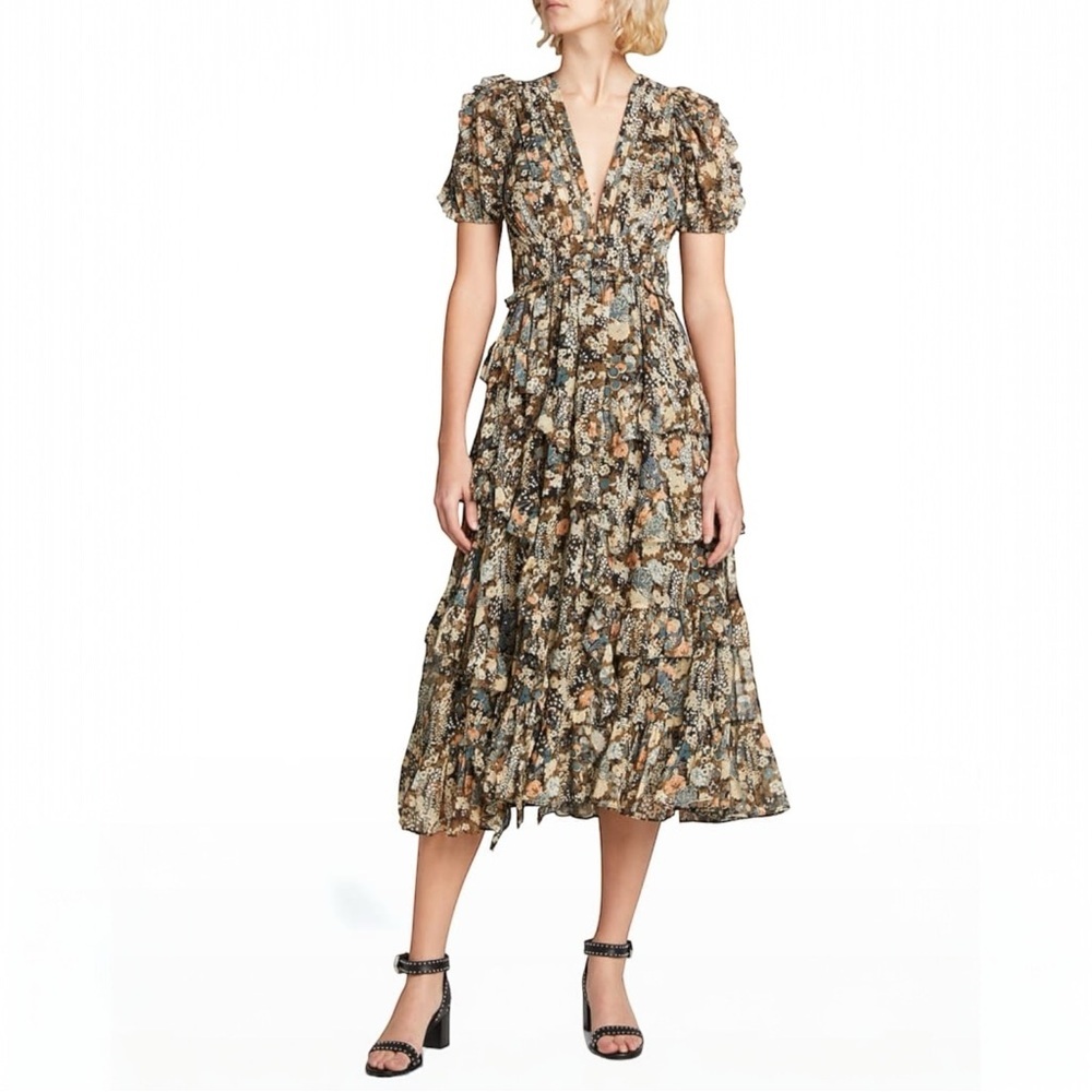 ULLA JOHNSON Aliya Short Sleeve Silk Midi Dress in Night Garden